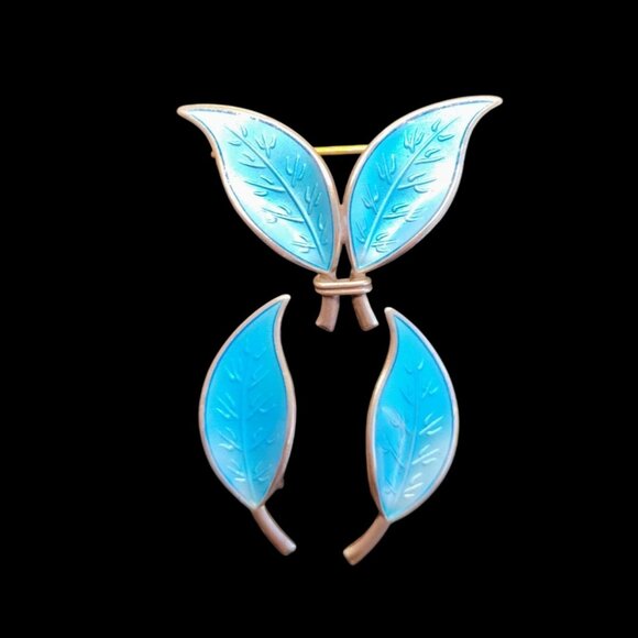 David Andersen Norway Sterling Blue Enamel Double Brooch & Clip-On Earrings Set - Picture 1 of 10